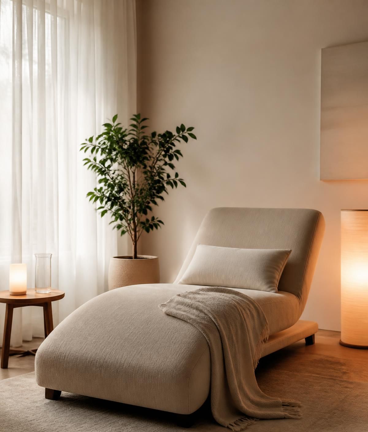 Calm off white session room with a soft chaise lounge and warm lamp light